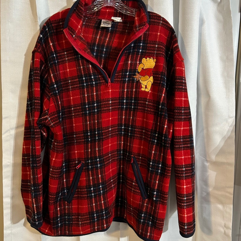 VTG 90's Disney Store Winnie the Pooh Plaid Fleece 1/4 Zip Pullover Large